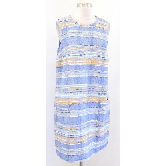 Akemi + Kin Anthropologie Striped Tweed Shift Dress Size 8 Blue Yellow Fringe - Picture 3 of 9